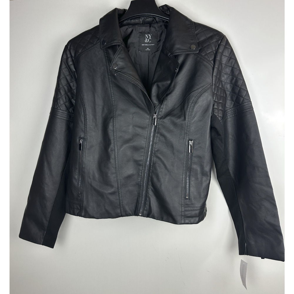 NWT New York & Company Faux Leather Moto Jacket Black Quilted Shoulders XXL NY&C - Picture 2 of 11